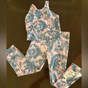 Athleta Girl Blue and Pink Tie-Dye Leggings and Sports Bra Set